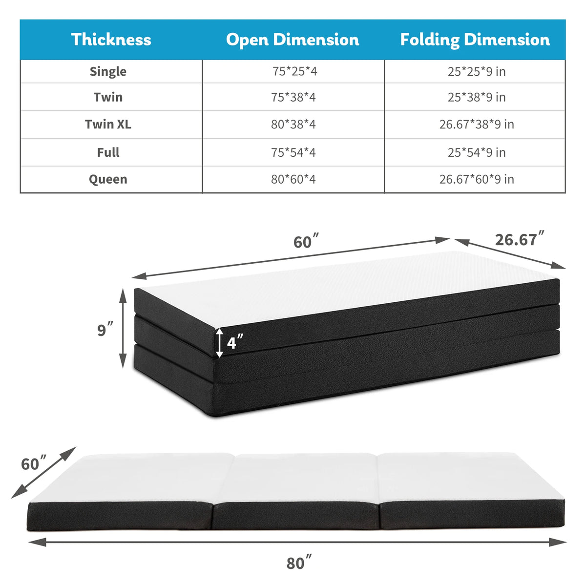 JHK Tri-Fold Memory Foam Mattress With Washable Cover For Travel