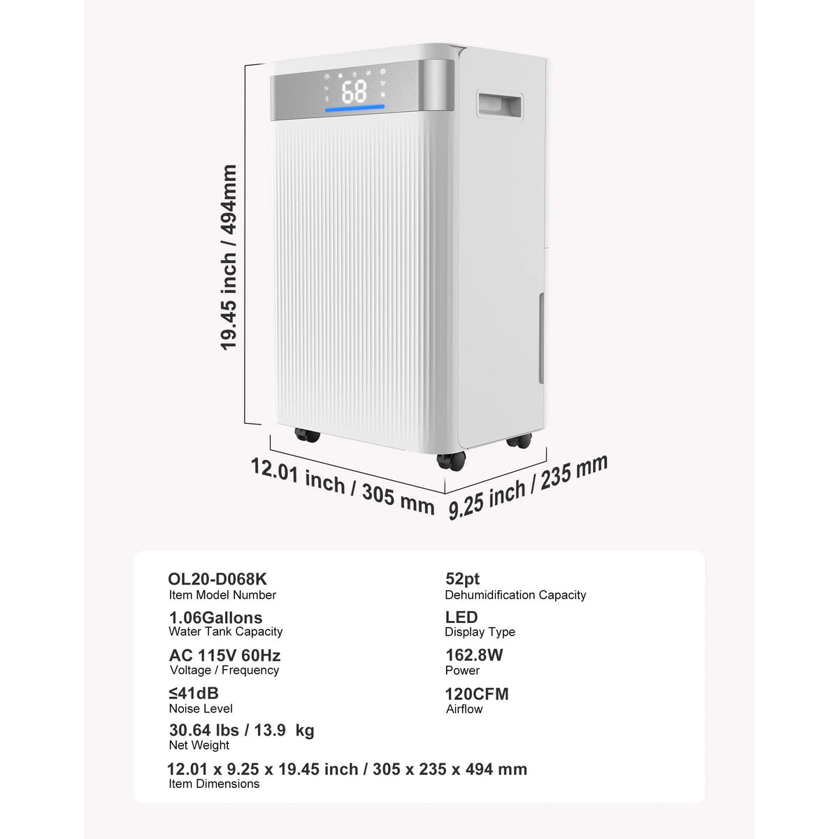 SucceBuy 52Pint Dehumidifier With Drain Hose Smart Humidity Control Low Noise
