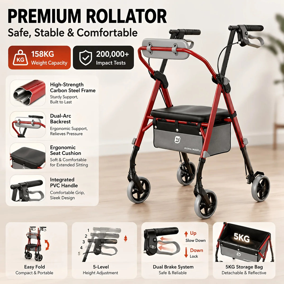 Maidesite Ergonomic Rollator Walker With Seat And Backrest