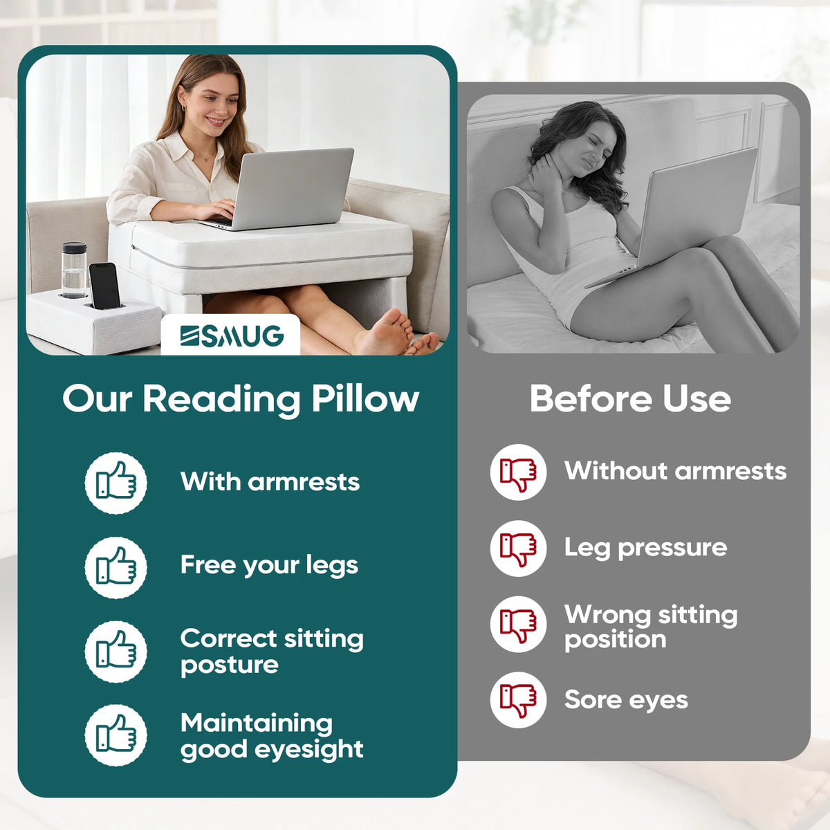 JHK Square Memory Foam Reading Pillow With Washable Cover