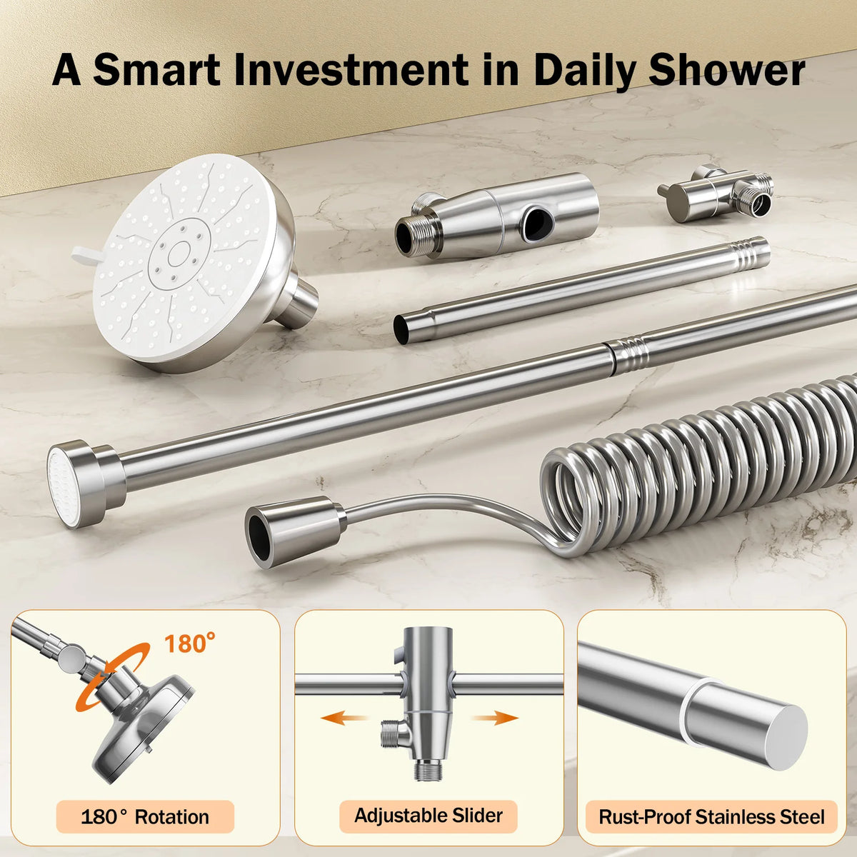 Dual Stainless Steel Shower Head With Adjustable Slider Wall Mount
