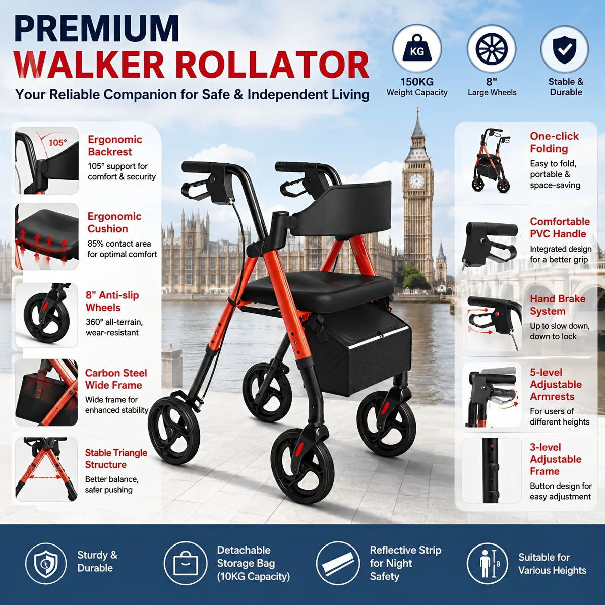 MaiDeSiTe Foldable Steel Rollator Walker For Seniors
