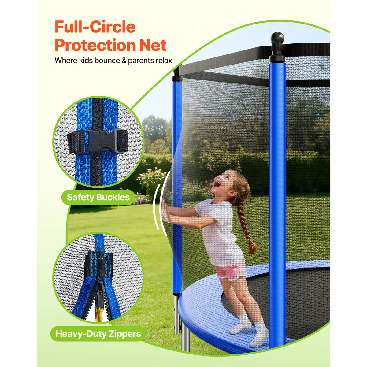 SucceBuy Outdoor Round Trampoline With Enclosure Net And Steel Frame