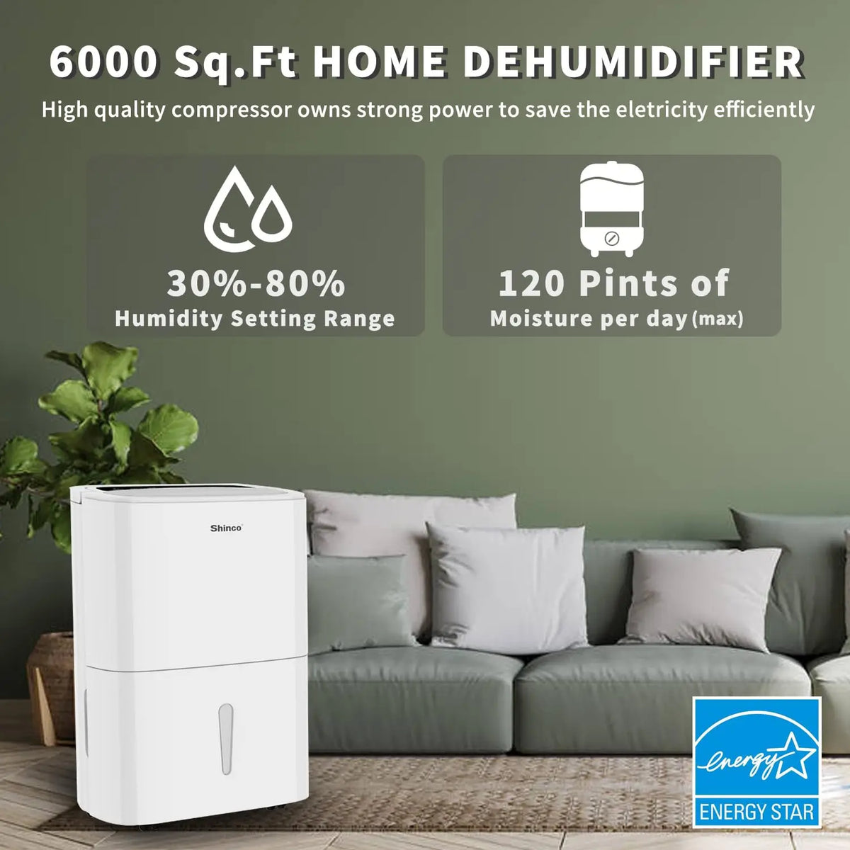 Shinco 120 Pint Energy Star Dehumidifier 6000 Sq Ft