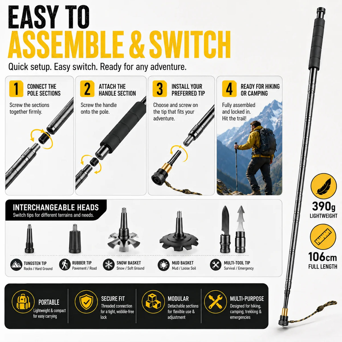 Adjustable Aluminum Trekking Pole With Cushioned Comfort Grip