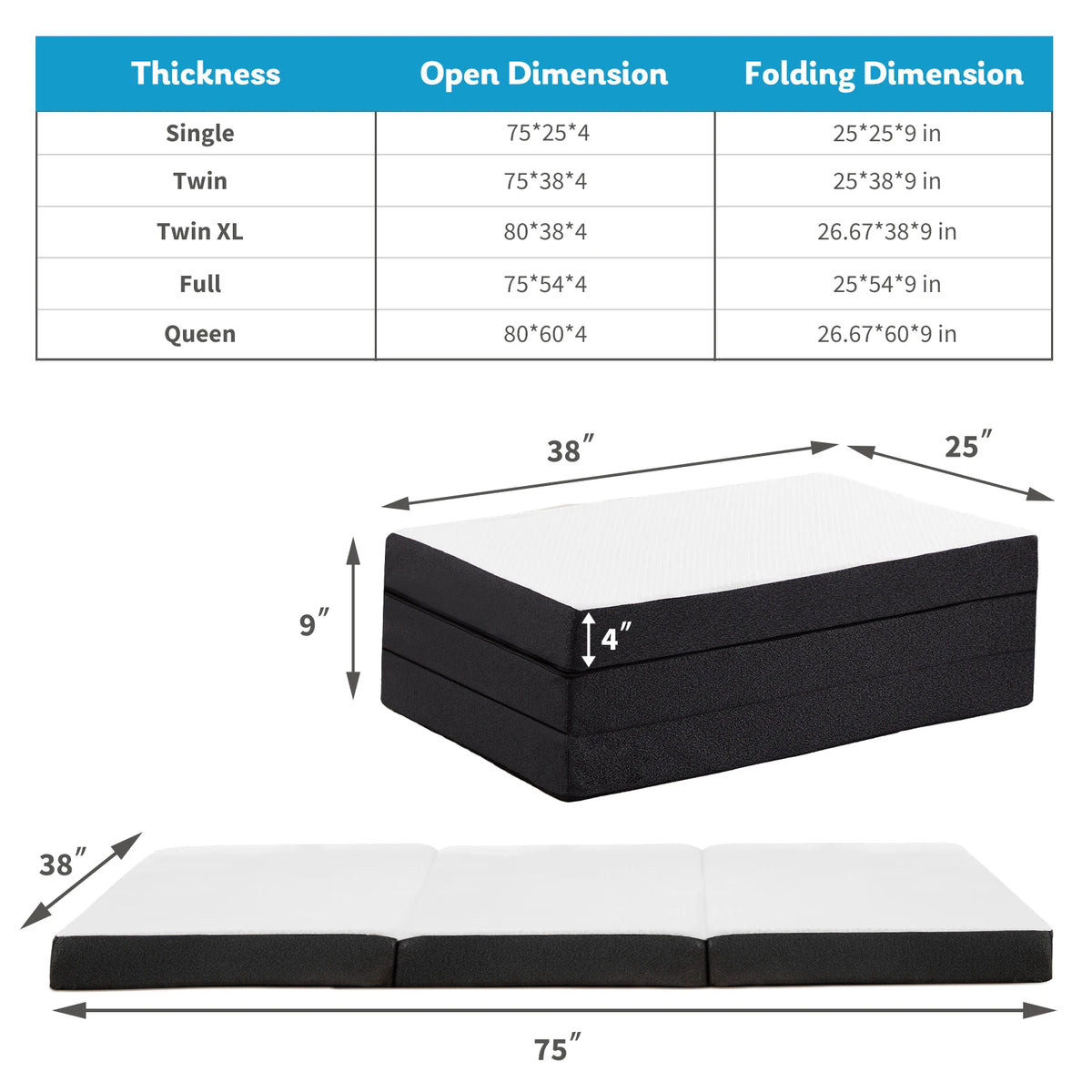 JHK Tri-Fold Memory Foam Mattress With Washable Cover For Travel