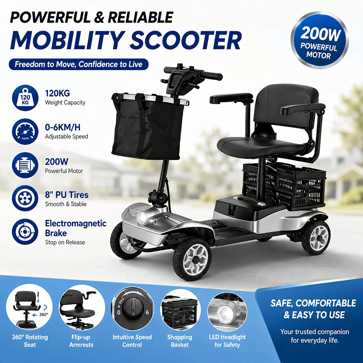Senior Electric Mobility Scooter With Ergonomic Handle And Led Light