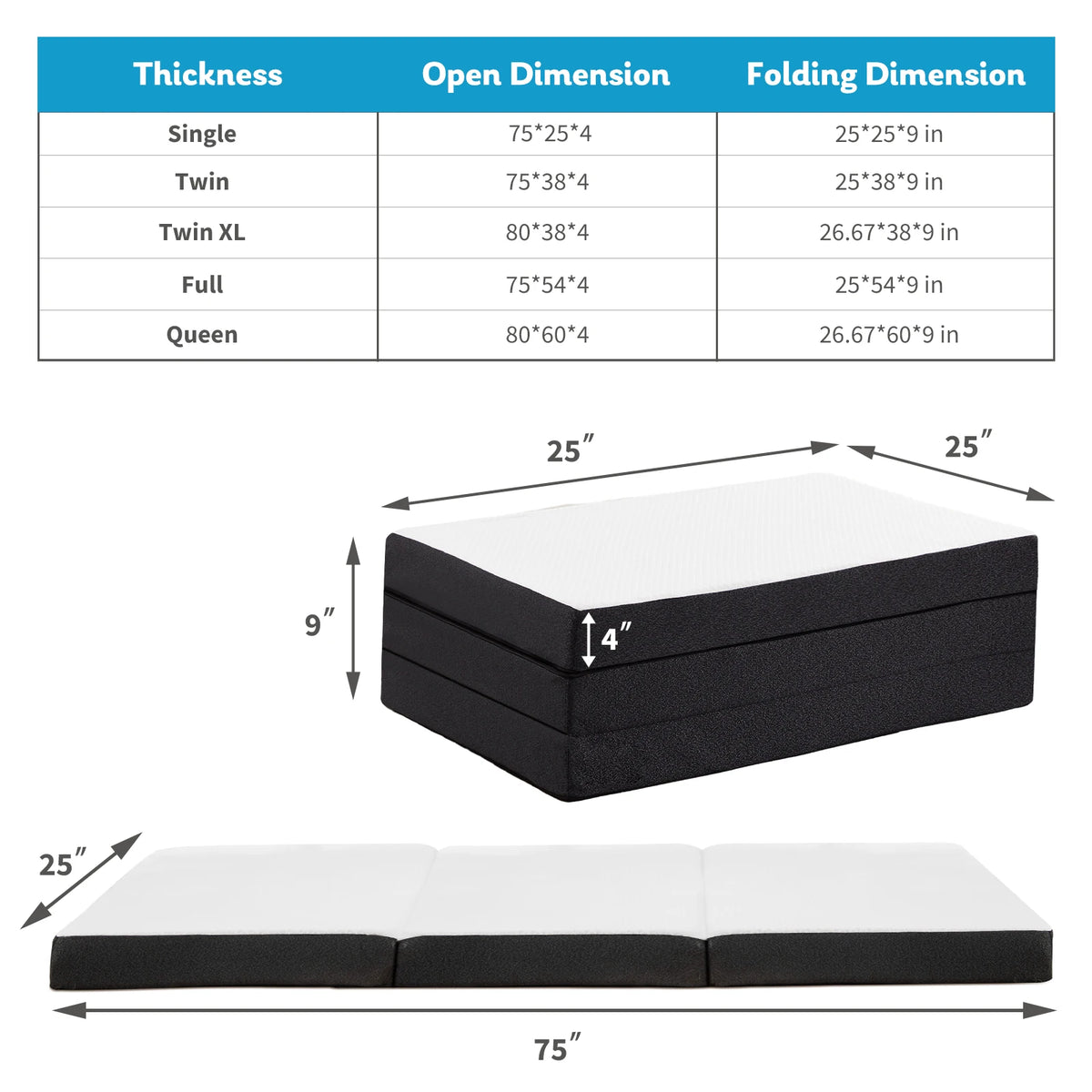 JHK Tri-Fold Memory Foam Mattress With Washable Cover For Travel