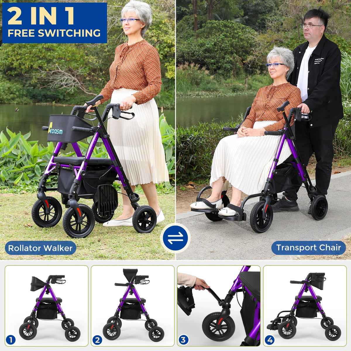Adjustable Two In One Walker Wheelchair With Safety Brakes