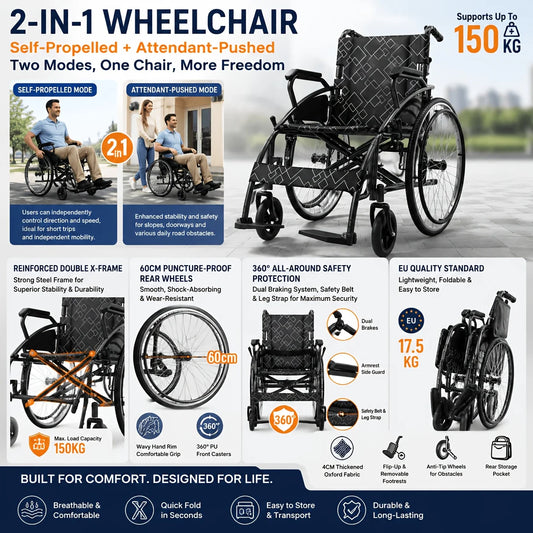 Maidesite Lightweight Folding Transport Wheelchair With Seat