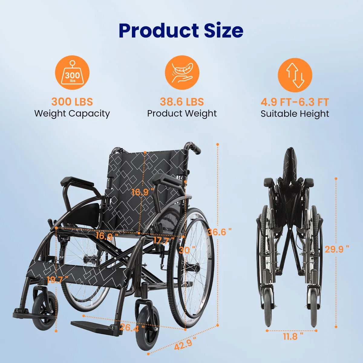 Maidesite Lightweight Folding Transport Wheelchair With Seat