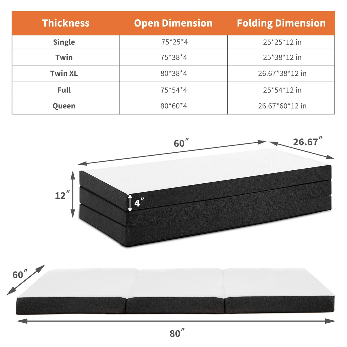 JHK Tri-Fold Memory Foam Mattress With Washable Cover For Travel