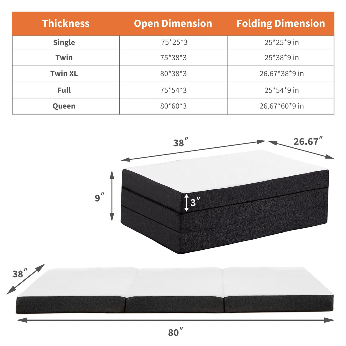 JHK Tri-Fold Memory Foam Mattress With Washable Cover For Travel