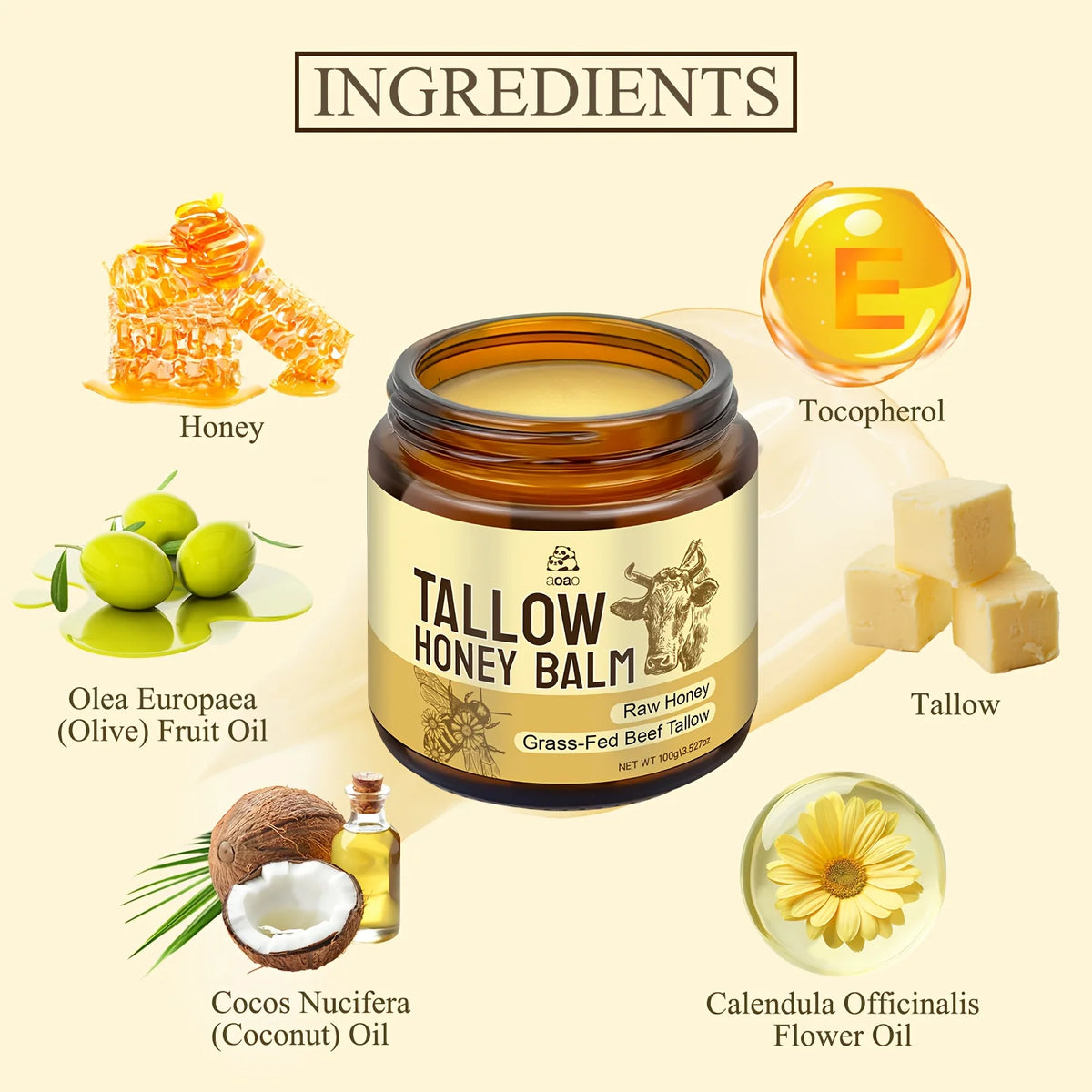 Aoao Natural Grass Fed Tallow Balm With Honey And Olive Oil