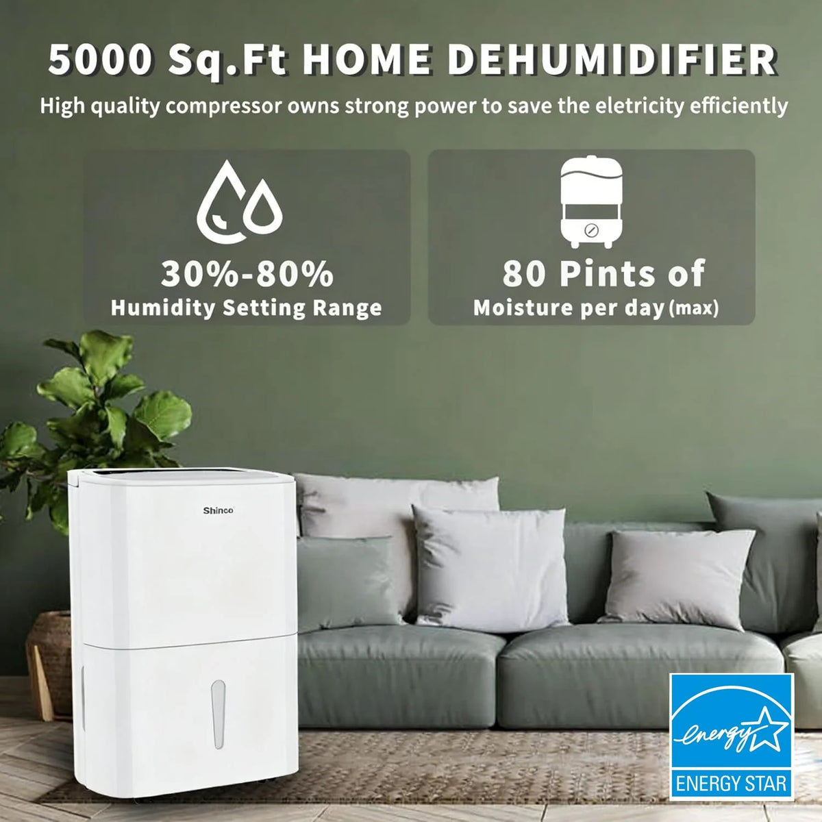 Shinco 120 Pint Energy Star Dehumidifier 6000 Sq Ft