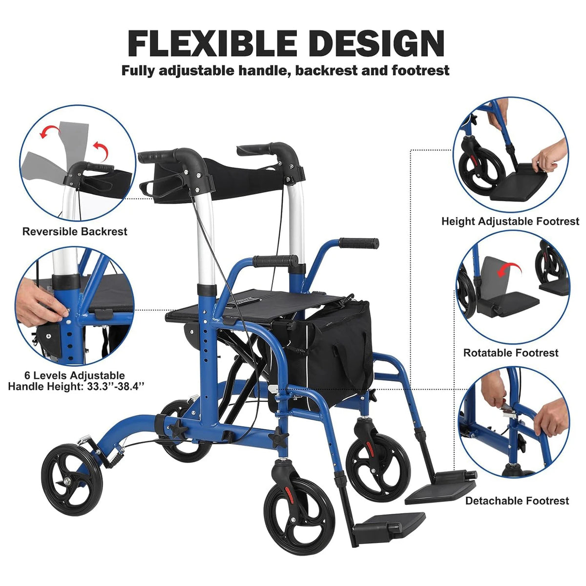 Aluminum Foldable Rollator Walker With Seat And Backrest For Seniors