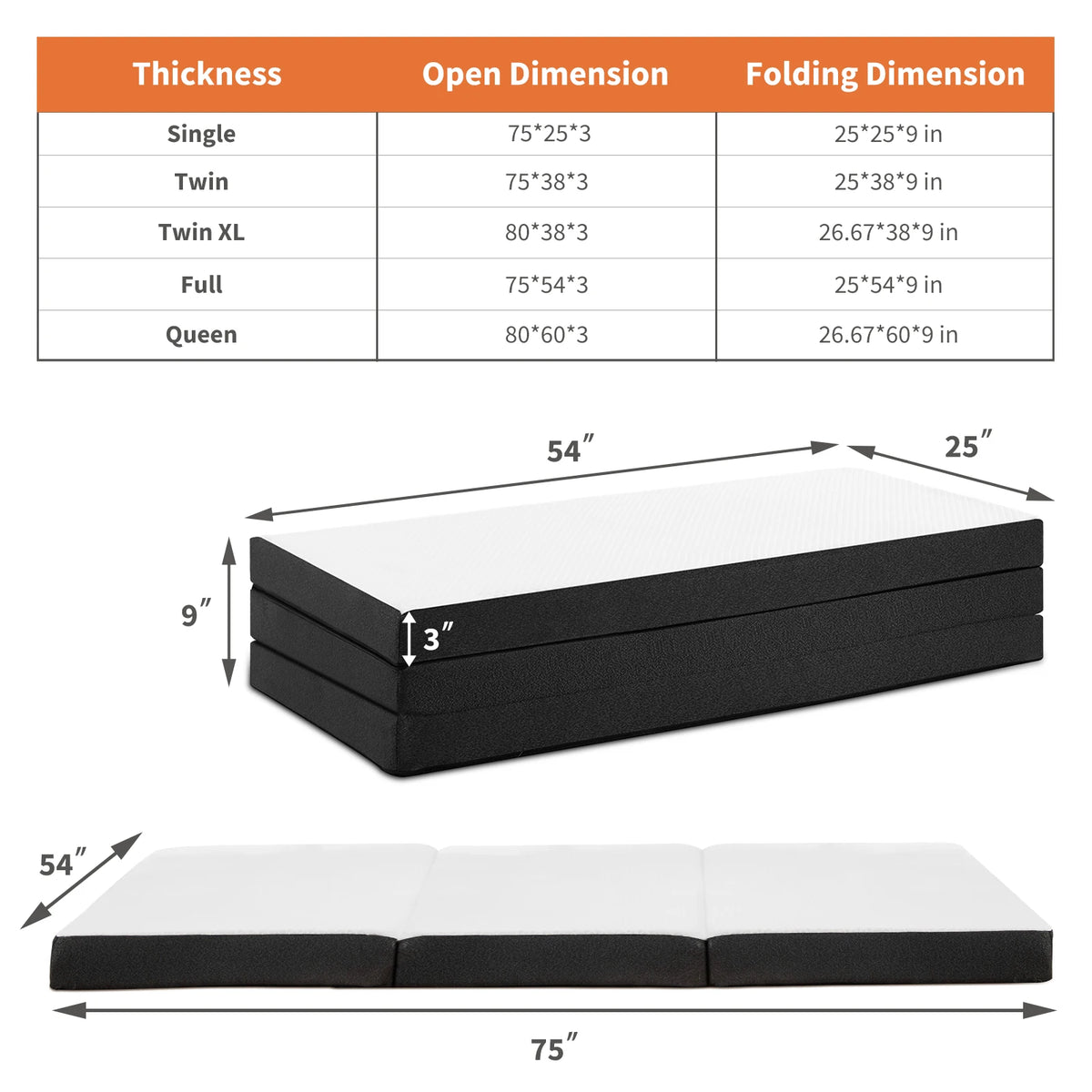 JHK Tri-Fold Memory Foam Mattress With Washable Cover For Travel